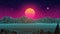 Retrowave Sunset background. 3d computer landscape. Retro future 80s style mountains. Sun in dark starry sky