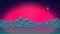 Retrowave sunset background. Retro futuristic landscape. Huge pink sun. Dark starry sky. Synth wave style backdrop