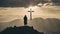 Return of Jesus Silhouette Standing On Mountain with Cross