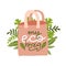Reusable bag with leaves. Image with lettering inscription - My eco bag. Plastic pollution concept. Waste management