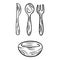 Reusable bamboo kithcenware set of doodles. Zero waste recyclable kitchen tableware. Eco-friendly disposable fork, knife, spoon,