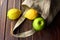 Reusable linen textile shopping bag with green apples and lemons