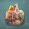 Reusable Net string shopping bag full of various farm organic vegetables from local market on rustic background, top view . Clean