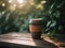 A reusable plastic coffee cup on top of a wooden table. AI generative image.