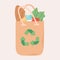 Reusable shopper bag with groceries and recycling sign. Vector isolated flat illustration of shopping.