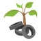 Reuse concept icon isometric vector. Worn car tire and branch with green leaf