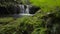 Reveal of freshness small waterfall flowing into the natural pond among lush foliage plants in tropical rain forest.