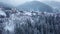 Revealing aerial of inhabited locality in the mountains on winter. Mountain village buildings on snowy hill slopes