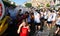 Revellers during water battle in Santa Maria in mallorca wide view