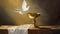 A reverent depiction of the Eucharist, with a symbolic dove hovering above the chalice. generative ai.