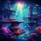 Reverie Reef - Underwater scene with floating islands and flying fish in a futuristic neon art style