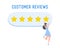 Review concept illustration. Woman character writing good feedback with gold stars. Customer rate services and user experience