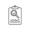 Review icon, thin line loupe with check mark on clipboard. concept of market data statistics research or business forecast.