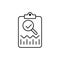 Review icon, thin line loupe with check mark on clipboard. concept of market data statistics research or business forecast.