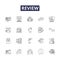 Review line vector icons and signs. Analysis, Assess, Assay, Inspect, Scrutinise, Consider, Check, Comment outline