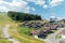 A review view of the resort city in the Carpathian mountains. Roofs of houses and mountains look very atmospheric