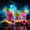 Revitalize: Dynamic Hydration Mixing in Neon Backlight, Vibrant Blur, Textured Surfaces, Sporty Bottles, Fruit Infusions, Fitness