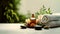 Revitalize Your Body and Mind: Spa Scene with White Towels, Aromatherapy Oils, Flowers, Candles, and Massage Stones. Generative AI