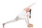 Revolved side angle pose for beginning yoga student