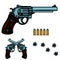 Revolver colorful illustration. Gun bullets and holes. Design element for poster, emblem, sign, banner.