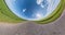 Revolves among fields with beautiful clear sky and white clouds. Little planet Transformation with curvature of space. loop rotate