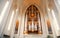 Reykjavik, Iceland - October 12, 2017: church organ flue pipes. Pipe organ in cathedral interior. Music and musical