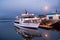 Reykjavik, Iceland - October 14, 2017: cruise ship at sea pier at dusk. Ship at sea shore on evening sky. Water transport and tran