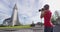 Reykjavik Iceland tourist photographing of Hallgrimskirkja church