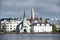 Reykjavik, view to church Hallgrimskirkja from the city pond, Iceland