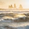 Reynisdrangar rock formations at Cape Dyrholaey, village of Vik i Myrdal. Amazing Iceland nature seascape popular attraction