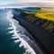 Reynisfjara Vik in is a black sand beach with enormous cinematic aerial Stunning Icelandic shoreline as seen from