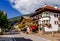 Rezia street Strada Rezia with hotels and shops. Ortisei, Valgardena, Italy