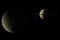 Rhea orbiting with Saturn planet, Mimas and Tethys at background. 3d render