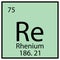 Rhenium element. Mendeleev table. Chemical icon. Square frame. Blue background. Vector illustration. Stock image.