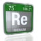 Rhenium symbol in square shape with metallic border and transparent background with reflection on the floor. 3D render