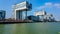 Rhine harbor in cologne with the crane houses buildings