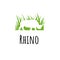 Rhine logo template. Silhoutte rhinoceros in green grass isolated. Creative icon design.