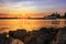 The Rhine and Main meet at the Mainspitze near Wiesbaden and Mainz, Sunset, Hesse, Germany