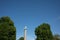 Rhine River in DÃ¼sseldorf, Germany with background of Ulanendenkmal, landmark statue in summer season in DÃ¼sseldorf, Germany.