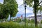 Rhine river green waterfront and Basel Minster view