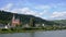 Rhine river shore, boats and historic buildings, churches, castles