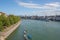 Rhine River traffic panoramic view, Basel old town on horizon