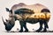 Rhino and the African savannah double exposure. Generative AI