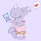 Rhino cute cartoon. Adorable cartoon animal. Cute illustration. Funny animal character. Happy little rhino girl.
