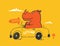 Rhinoceros on car funny cool summer t-shirt print design. Road trip on automobile. Slogan. Drive vacation