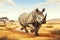 Rhinoceros running over sand, AI generated