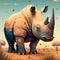 Rhinoceros in the savannah. 3D illustration.