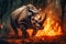 A rhinoceros stands in front of a raging fire in the forest, symbolizing the environmental impact of wildfires