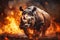 A rhinoceros stands in front of a raging fire in the forest, symbolizing the environmental impact of wildfires