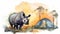 Rhinoceros Watercolor Graphic In Front Of Campsite